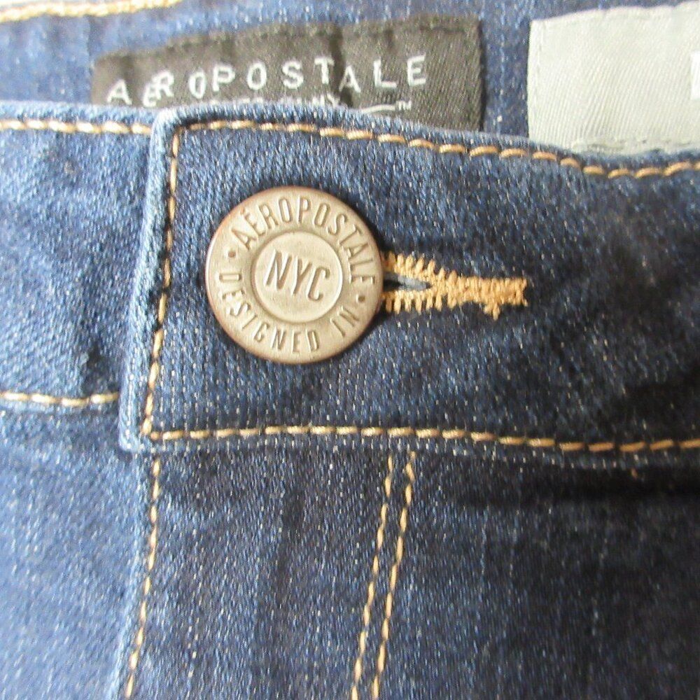 AEROPOSTALE Midi Cuffed Distressed Jean Shorts Sz 4 Ripped Dark Blue Denim Jorts - Picture 3 of 13
